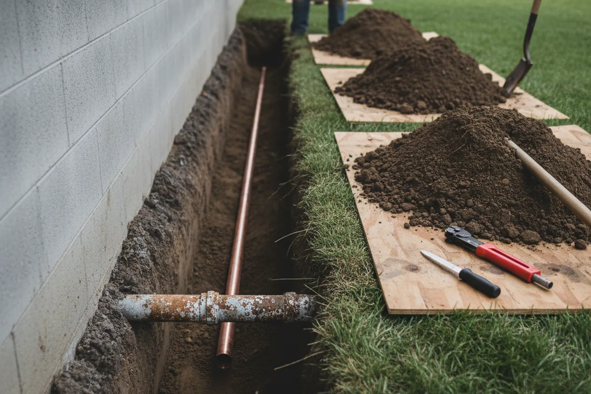 Excavated water line trench during Water Softener Installation in Glendale Springs